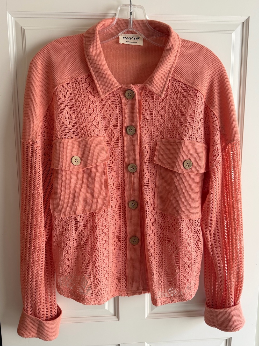 Boutique Coral Knit Lace Button-Front Shirt
NWOT Size S